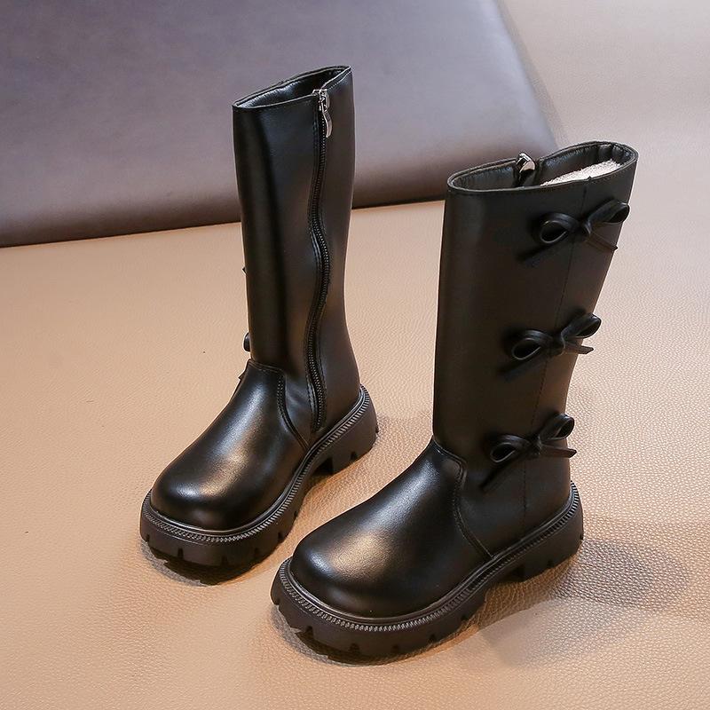 

Girls High Top Boots Autumn New Cute Bow Side Zipper Solid Color Boots Medium and Large Single Boots 27 чорний