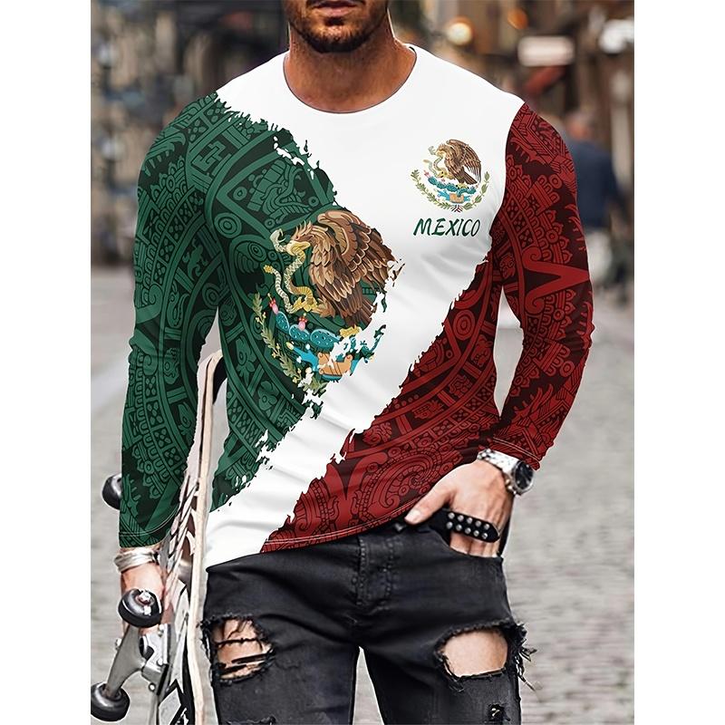 

Spring and Autumn Round Neck Mexican Flag Emblem Pattern 3D Printed Top Fashionable Casual Long Sleeved Men s T-shirts S