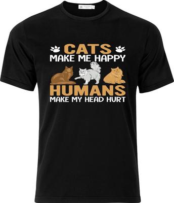 Cats Make Me Happy Humans Make My Head Hurt Full Colour D.T.F Black  T Shirt