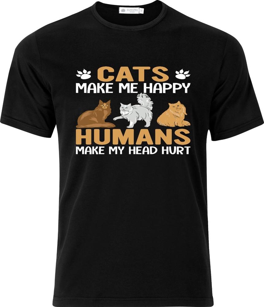 

Cats make me Happy Humans make my head hurt Full Colour D.T.F Black T shirt S