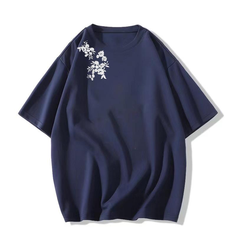 

Женская хлопковая футболка 2025: Свободный крой, нишевый американский стиль с дизайном на правое плечо XXL темно-синий