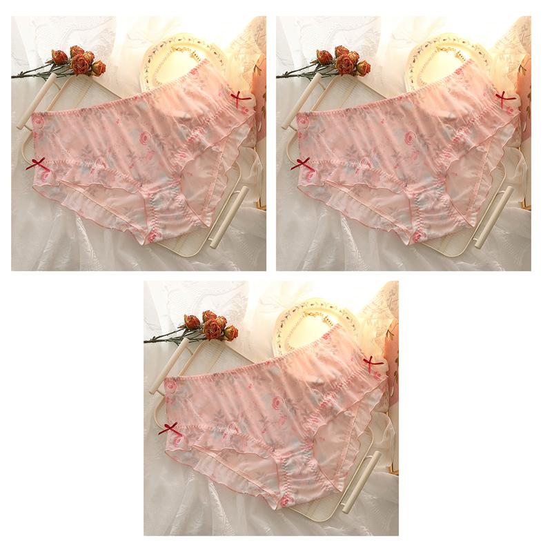 3 PCS Women's Plus Size Underwear Lolita Style Sexy Briefs Sheer Rose Tulle Panties L XL 2XL 3XL 4XL 5XL