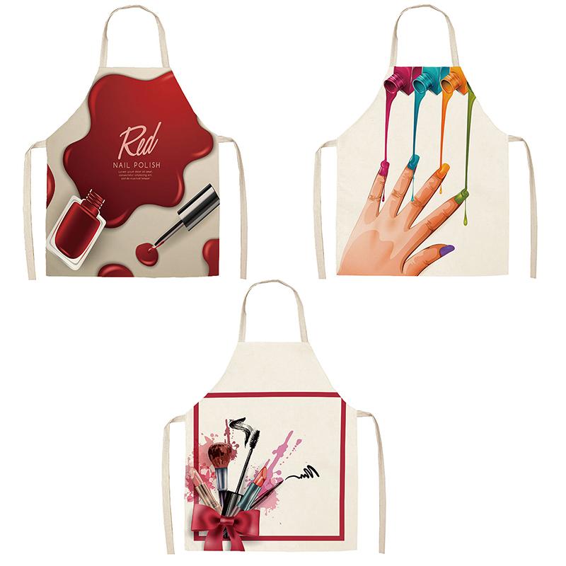 Nail Polish Lipstick Beauty Kitchen Women Apron Household Cleaning Flax Pinafore Salon Home Cooking Baking Adult Bib