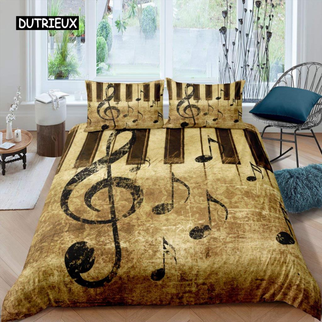 Piano Pattern Duvet Cover Microfiber Classic Music Themed 2/3Pcs Bedding Set Musical Pattern Geometric Stripe King Quilt Cover