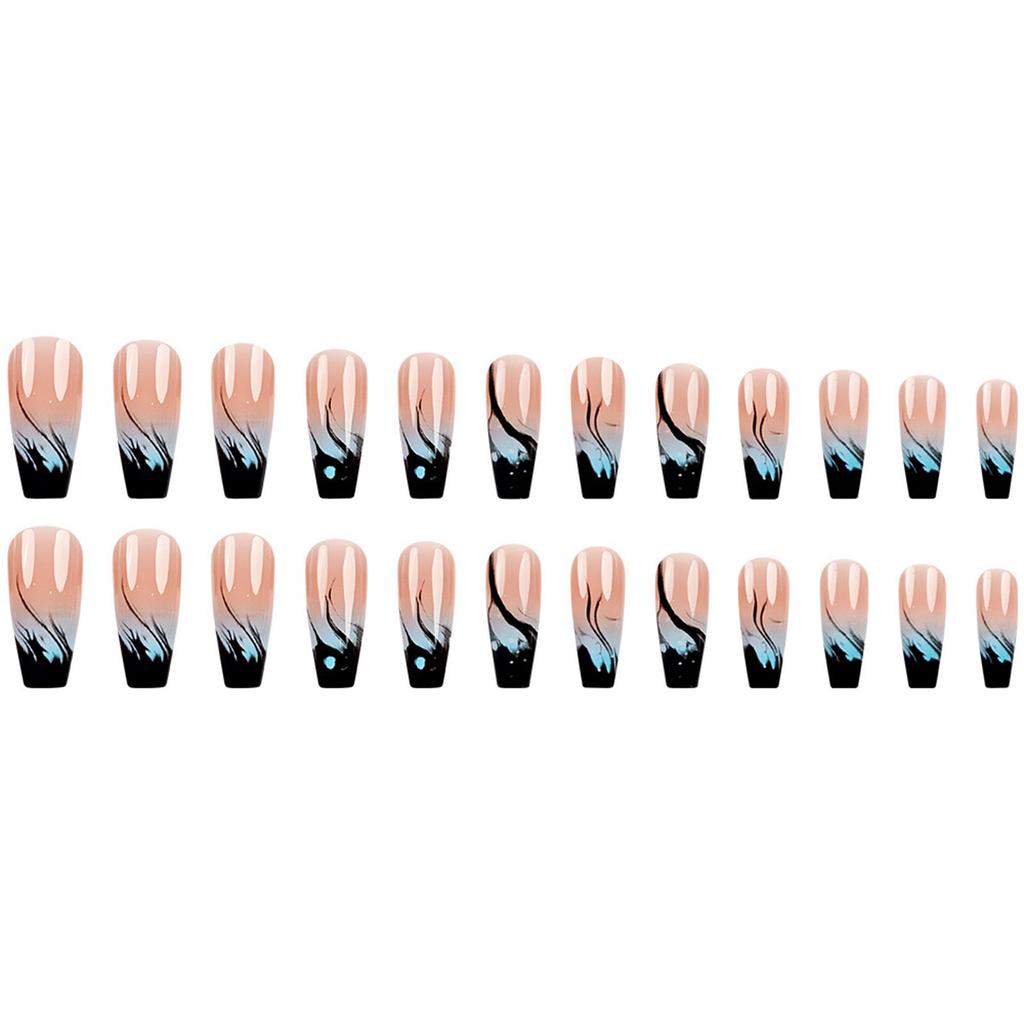 24 Stück Lange Ballerinas Aufklebenagel Blau Farbverlauf Flamme Falschnagel Acrylnagel Glänzend Vollständige Abdeckung Aufklebenagel