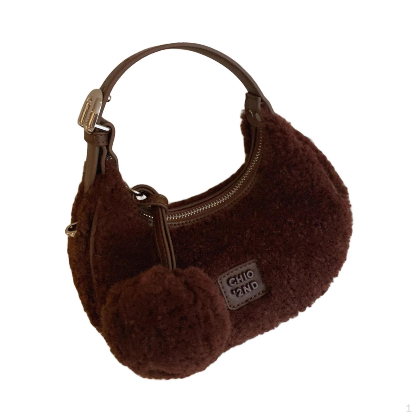 

Plush Tote Bag Casual Adjustable Strap Dumpling Half Moon Small Furry Purse коричневий