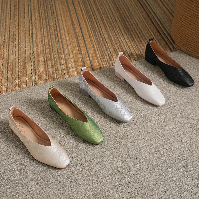 Woman Fashion Summer Square Toe Gold Green Flats Elegant Female Printing Texture Casual Buckle Mary Jane Shoes Big Size 34-43