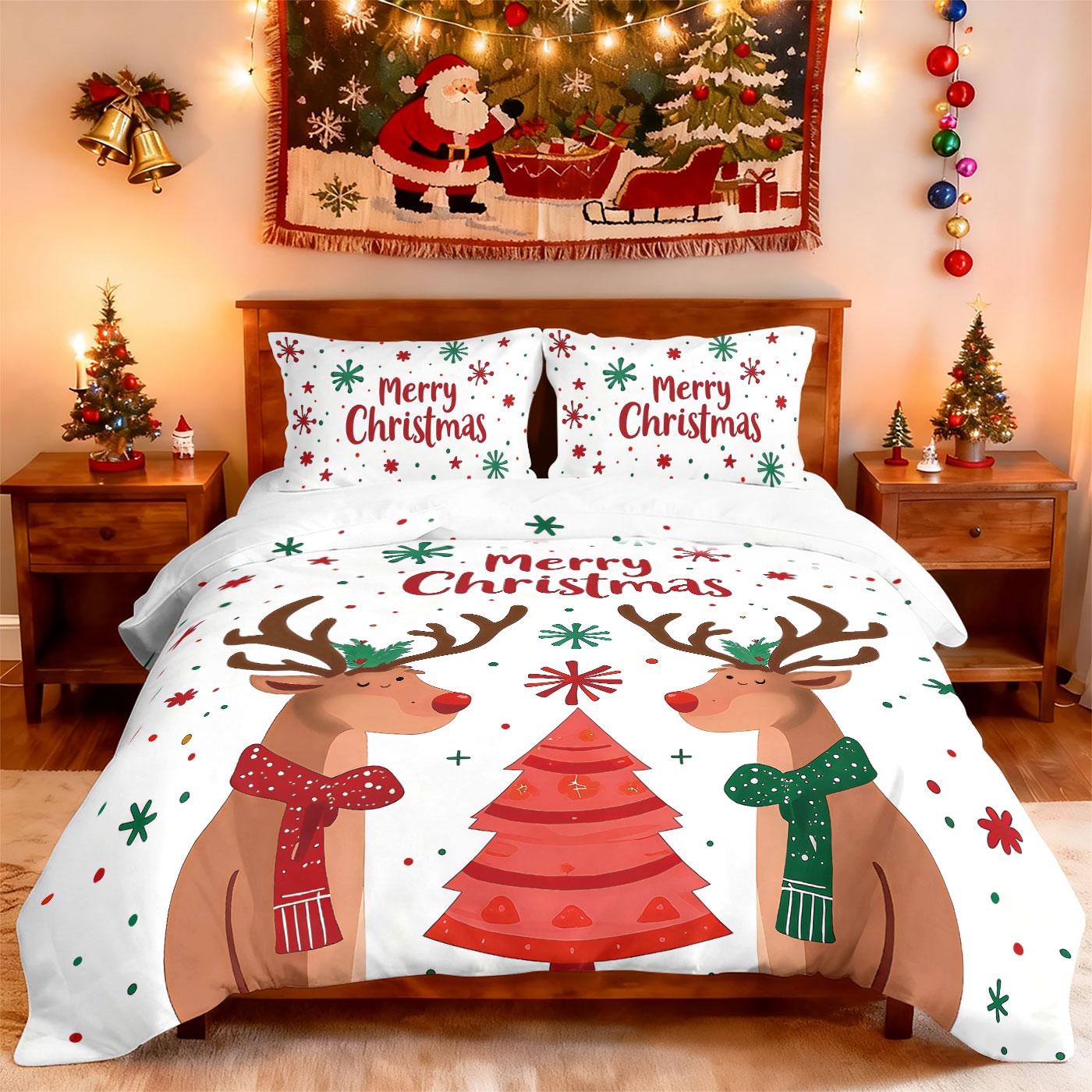 

3 предмета Счастливого Рождества Милый принт с оленями Бесшовный постельный комплект разных размеров Постельное белье для спальни Праздничное украшение Мягкий Удобный 210x210cm-AU-Queen&set