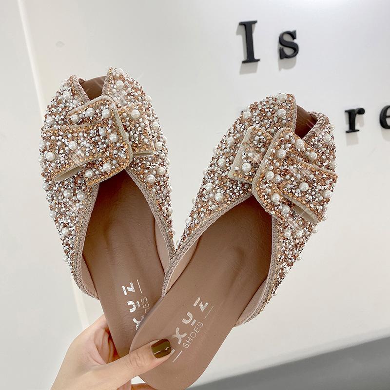 Fish mouth sandals women spring wear flat bottom rhinestone bag head half slippers lazy muller shoes Internet celebrity commuting wind