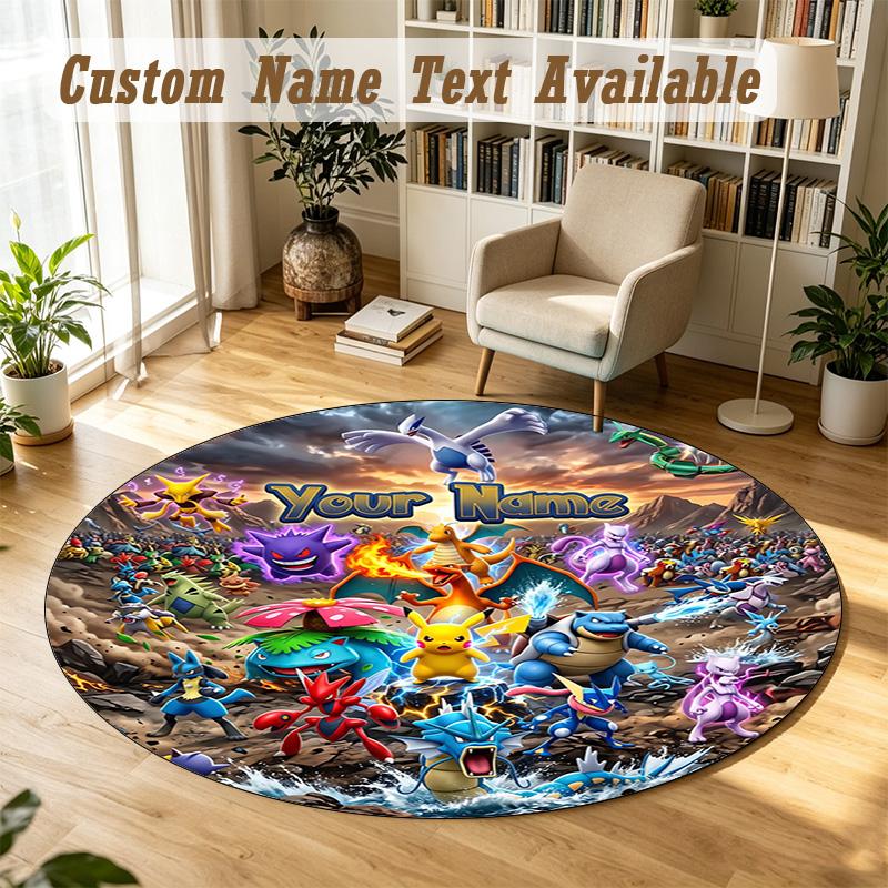 Round Rug Custom NamePokémon Pattern Non Slip Carpet Home Floor Decor