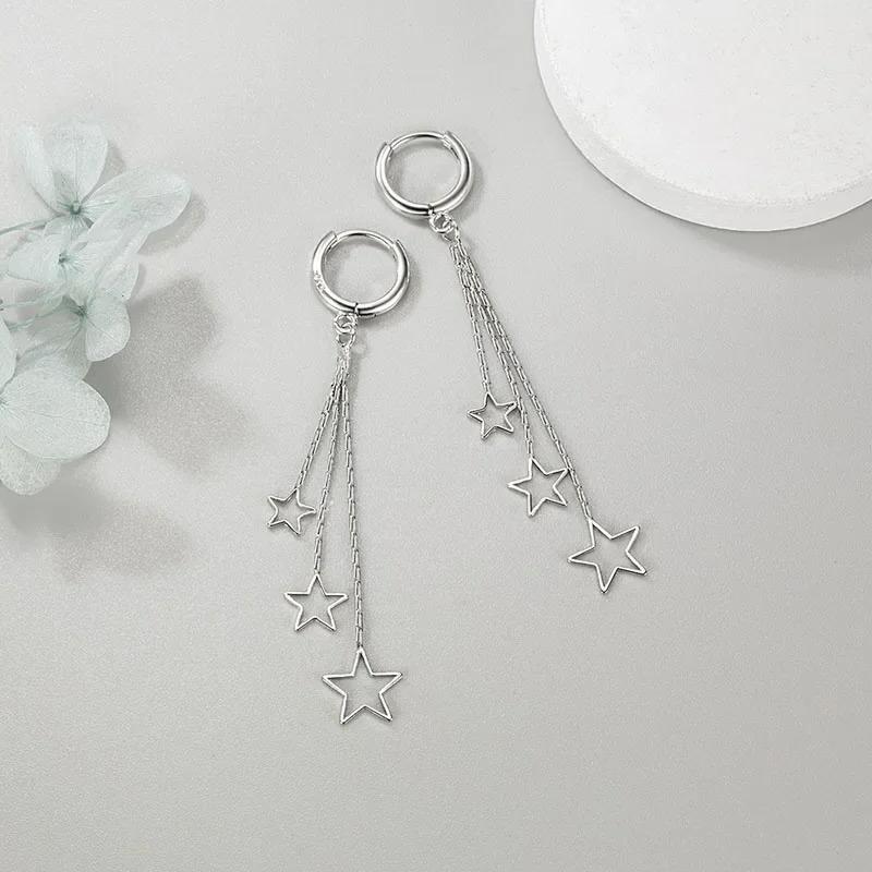 Elegant Popular Three Stars Hoop Earrings For Women 925 Sterling Silver Party Jewelry Beautiful Long Tassel EarringElegant