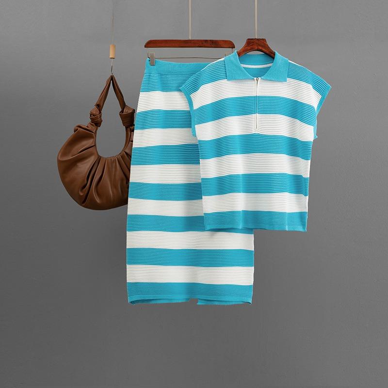 Fashion half-zip olo collar striped knitted short-sleeved suit women's casual wide-leg pants summer two-piece suit