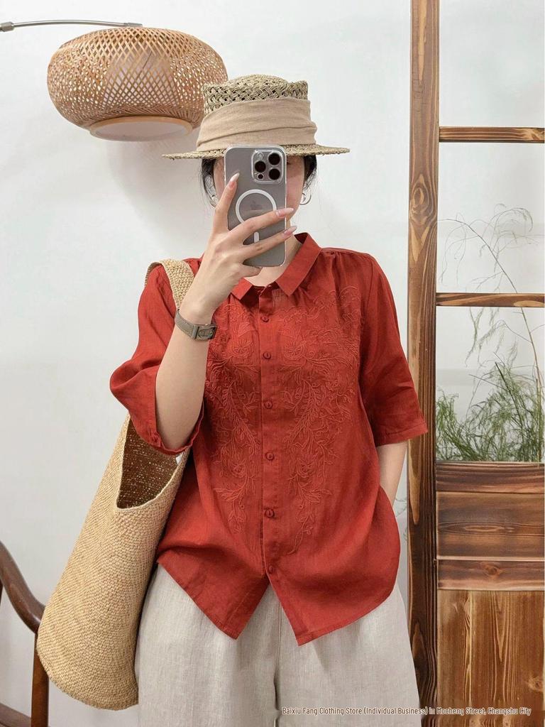 Summer 2026 Retro Embroidered Linen Blouse - Women's Short Sleeve, Slimming Shirt Collar, Loose Fit Top
