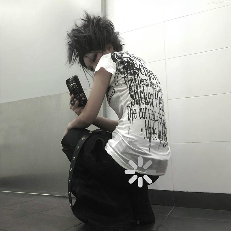 VAYLA Grunge Aesthetics Tattoo Print T-shirt Trashy 2000s Style Letter T Shirt Japanese Y2k White Sheer Tops Gothic Vintage