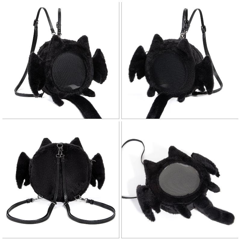 Gothic Bat Wing Plush Cat Ita Bag, Black Fuzzy Crossbody Backpack with Clear Window, Kawaii Dark Lolita Shoulder Bag