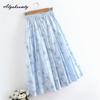 Japanese Mori Girl Spring Summer Women Blue Floral Skirt High Waist Print Elegant Skirt Cotton Linen Feminine A-Line Skirt