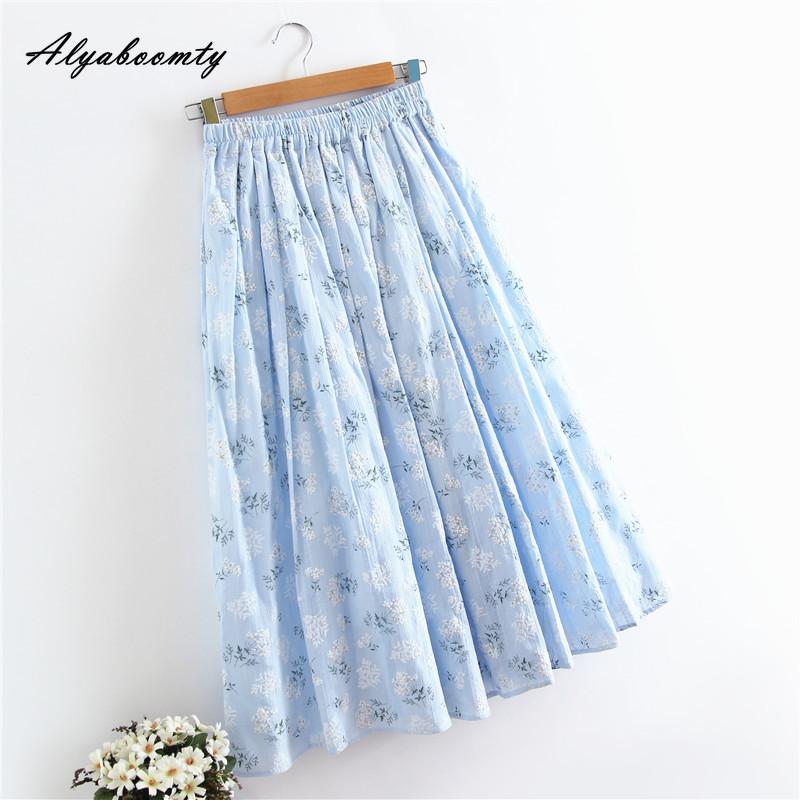 Japanese Mori Girl Spring Summer Women Blue Floral Skirt High Waist Print Elegant Skirt Cotton Linen Feminine A-Line Skirt