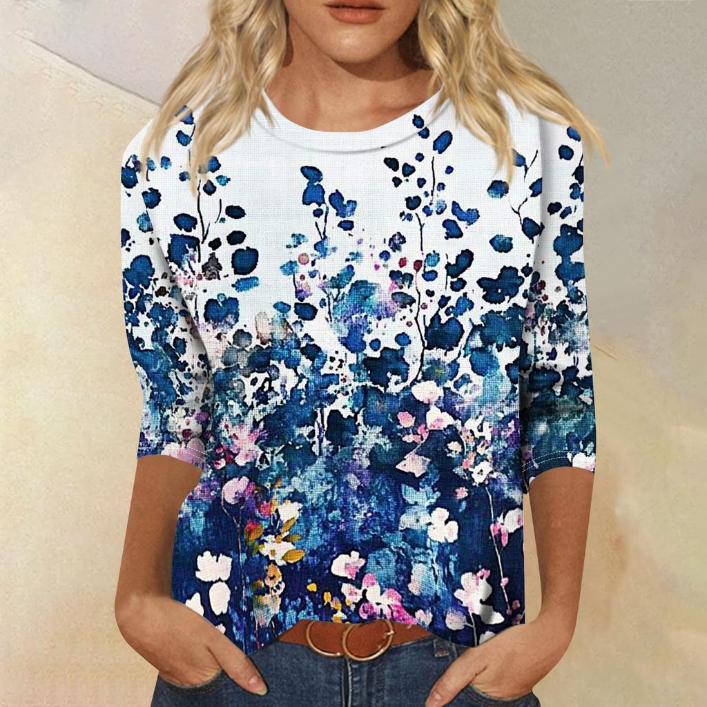 Damen Blume Muster Freizeit Drei Viertel Ärmel Rundhals Oberteil Leicht Bequem Bluse für den Alltag