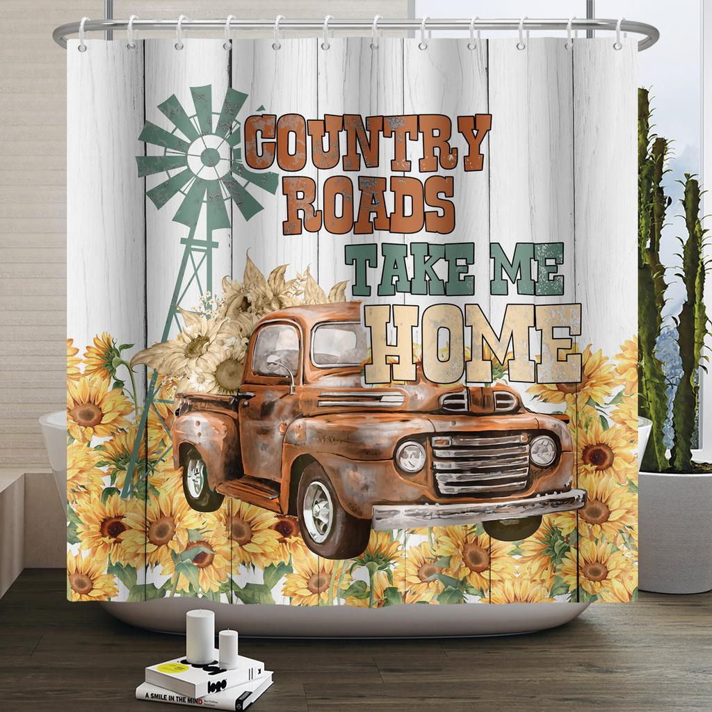 Bauernhoftiere Duschvorhang Niedlich Lustig Kuh Huhn Schwein Blume Pferd Holz Bauernhaus Scheune Rustikal Duschvorhang für Badezimmerdeko