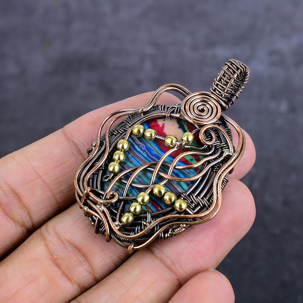Rainbow Calsilica Gemstone Handmade Copper Wire Wrap Jewelry Pendant 2.29" T9A61