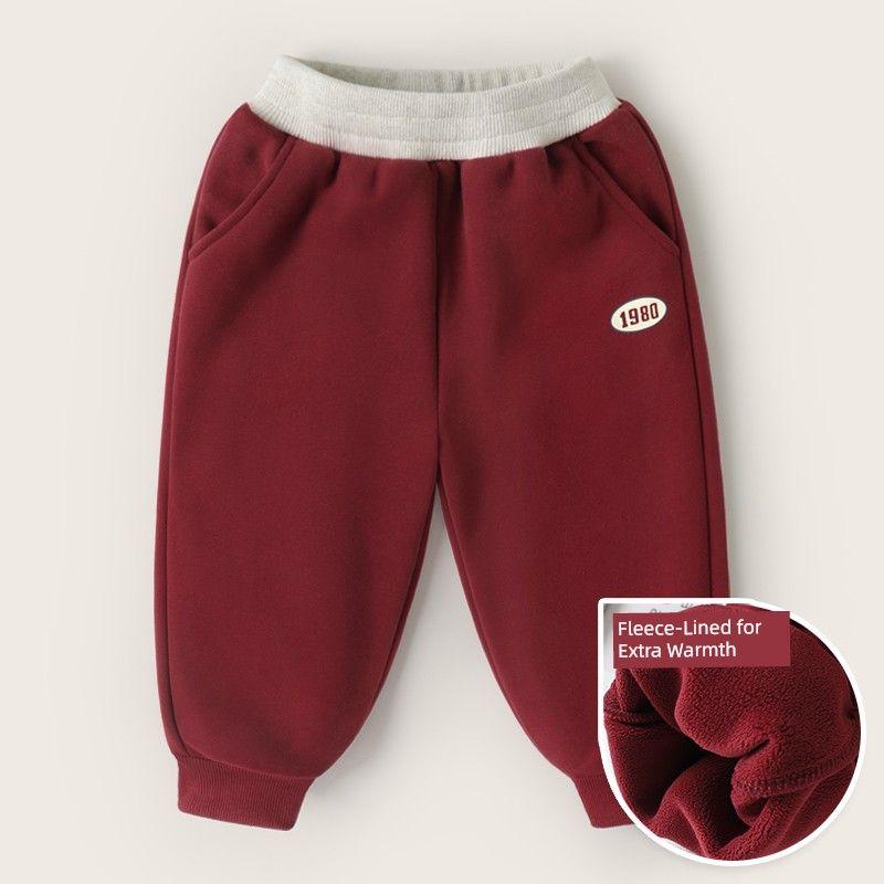 Right European Style Boys Long Pants, School Style Sports Children s Clothing, Autumn and Winter Thickened Warm Cotton Pants, Children s Clothing Burgundy 120cm