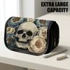 1pc Gothic Floral Skull Pencil Case Suitable for Back To School, Large Capacity Flip Top Storage Bag with Double Zipper Closure, Thickened Oxford Cove