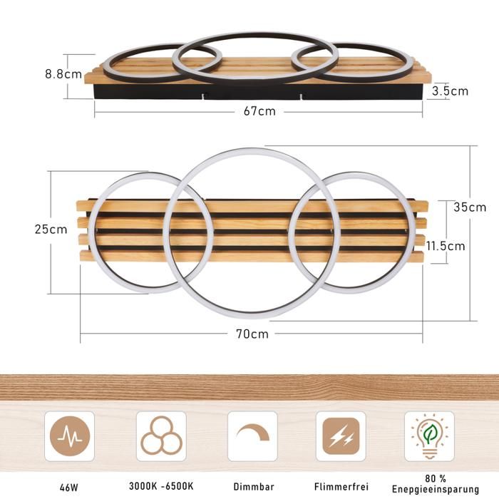 Plafonnier LED - NETTLIFE - 70 cm - 3 anneaux - Dimmable - 46W