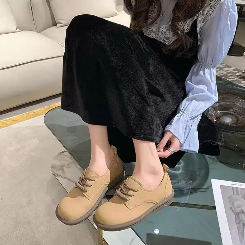 Shoes for Women Little Leather Camel Single Japanese Style Elegant Dress Spring Cheap Liquidation Luxury Brand Chic Woman Flats