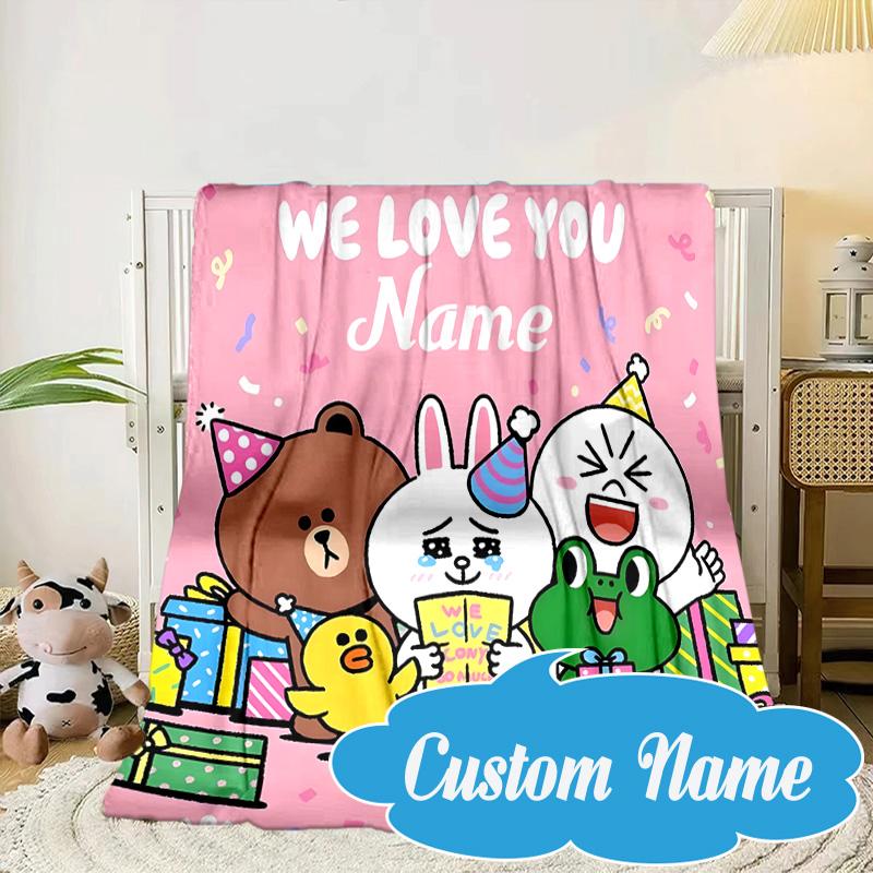 Custom Name Happy Birthday Brown Bear Blanket bed sofa Blanket Flannel Blanket for Camping, Hiking, Picnic Essentials,gift for Fan family
