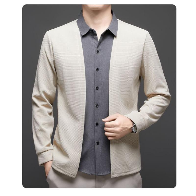 Autumn Style Micro-elastic Long-sleeved Casual Bottoming Shirt Fake Two-piece Waffle Cardigan Lapel Jacket Versatile Clothing