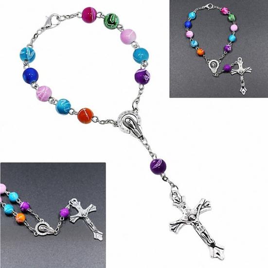 Christianity Goddess Jesus Cross Pendant Colorful Beads Chain Women Bracelet
