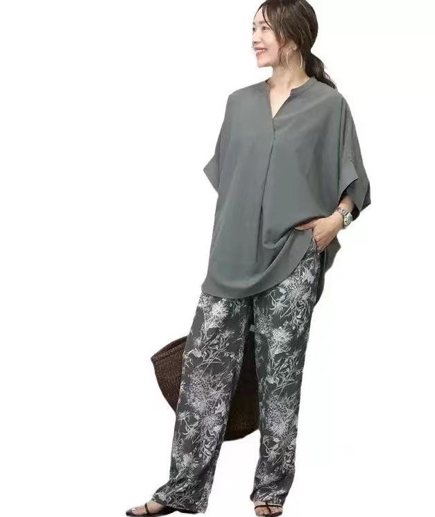 Japanese summer new spring and autumn V-neck pullover loose and thin solid color shirt top women's shirt