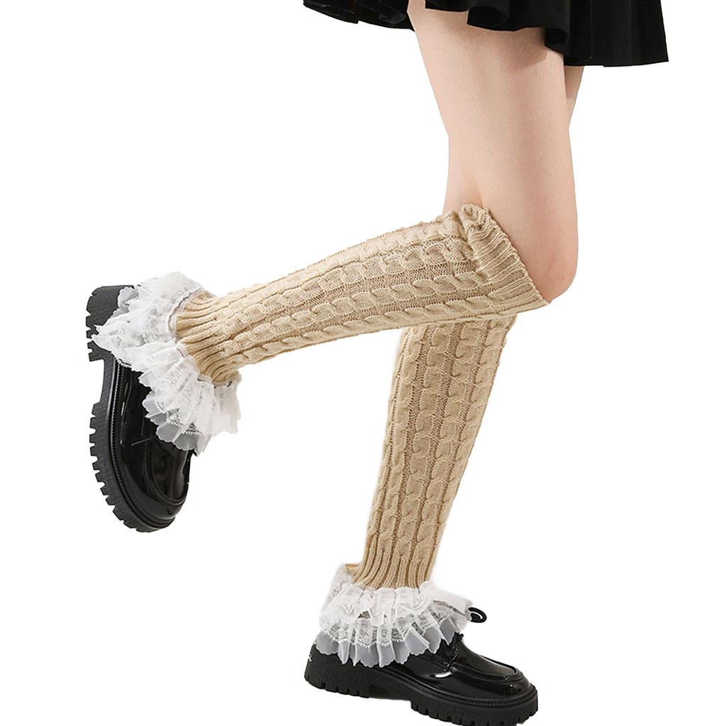 Aesthetic Elegant Layered Ruffled Lace Trim Leg Warmer for Women Japanese Cable Knit Leg Sleeve Covers Knee Length Socks