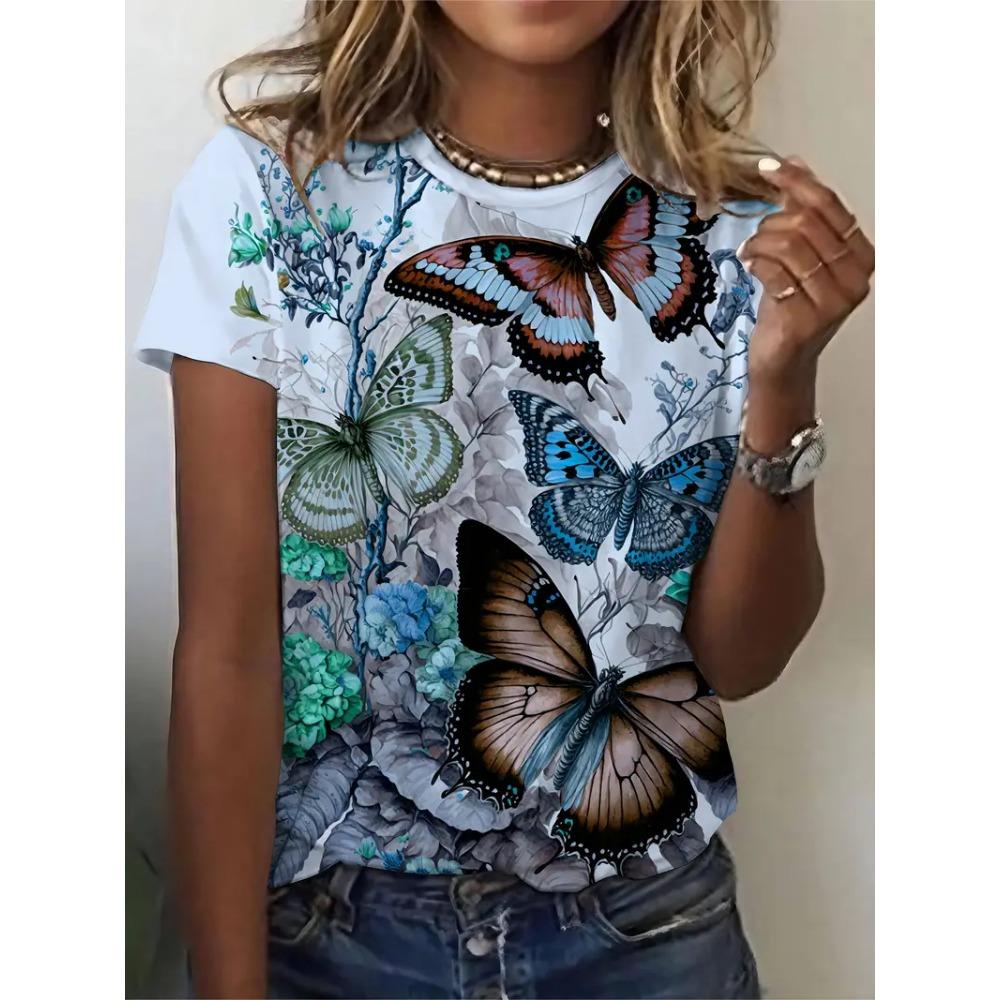 Butterfly Women's Round Neck  Summer Outdoor Fashion Short Sleeve Tops Flower Printing OverSized
