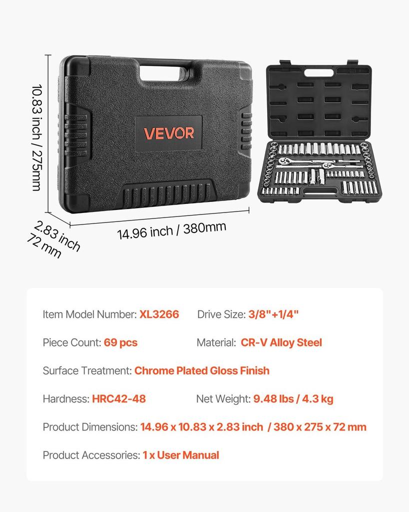 Socket Set, 69 Pieces, 9.5 & 6.4 Mm Drive Socket and Ratchet Set, SAE and Metric, Deep and Standard, Mechanic Tool Kit with Accessories and Storage