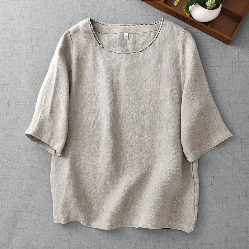 Artistic Embroidered Cotton Linen Short Sleeve Retro T-shirt - Summer 2026 Collection XXL