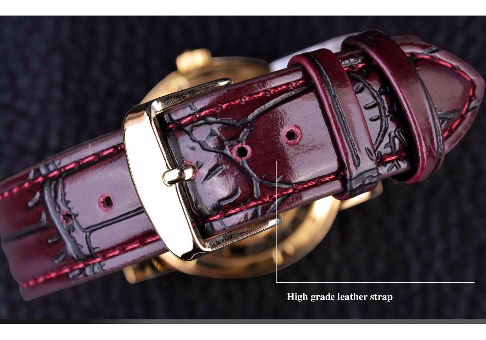 Winner Men's Double-Sided Skeleton Mechanical Watch, Gold Case with Brown/Red Strap.