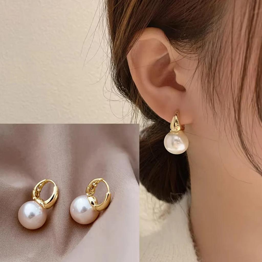 Gold Color Pearl Studs Hoop Earrings for Women Gold Color Eardrop Minimalist Hoops Wedding Fashion Jewelry Dropshipping