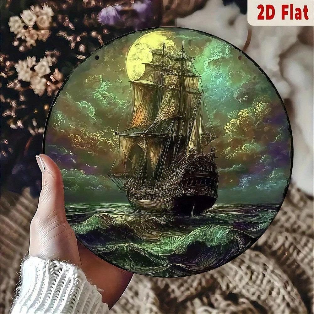Vintage Moonlit Sailing Ship Metal Wall Art Nautical Aluminum Decor