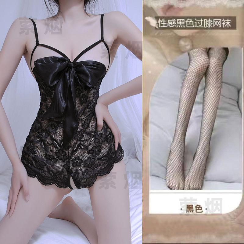Sex underwear lace temptation transparent hollow sexy onesie bow qqny open uniform set