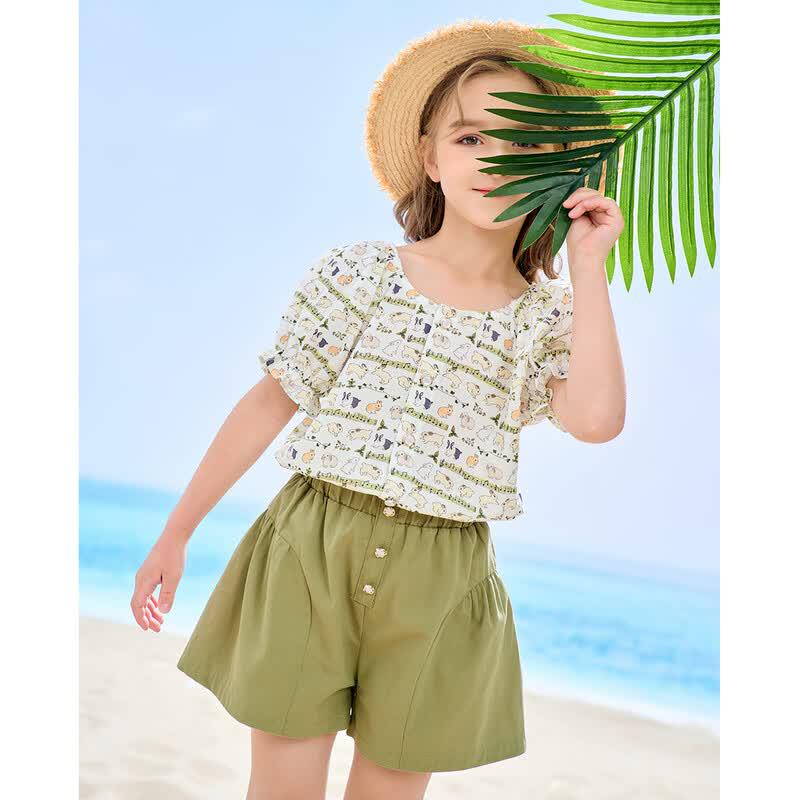 Mengtejiao Girls Sweet Bunny Print Shirt & Shorts Set 120