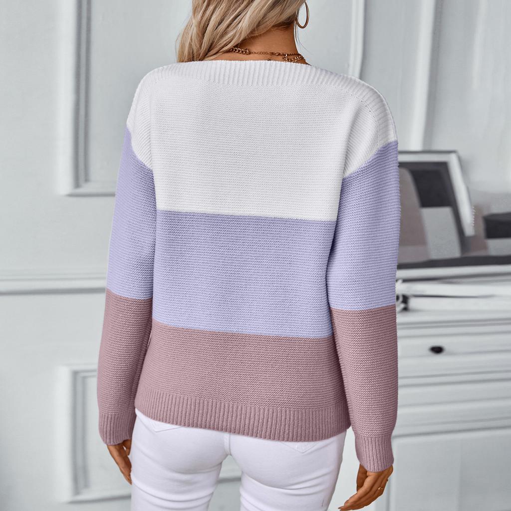 Women's Fashion Casual One-shoulder Button Pullover Knit Cardigan Contrast Color Pullover Long Sleeve Loose Sweater