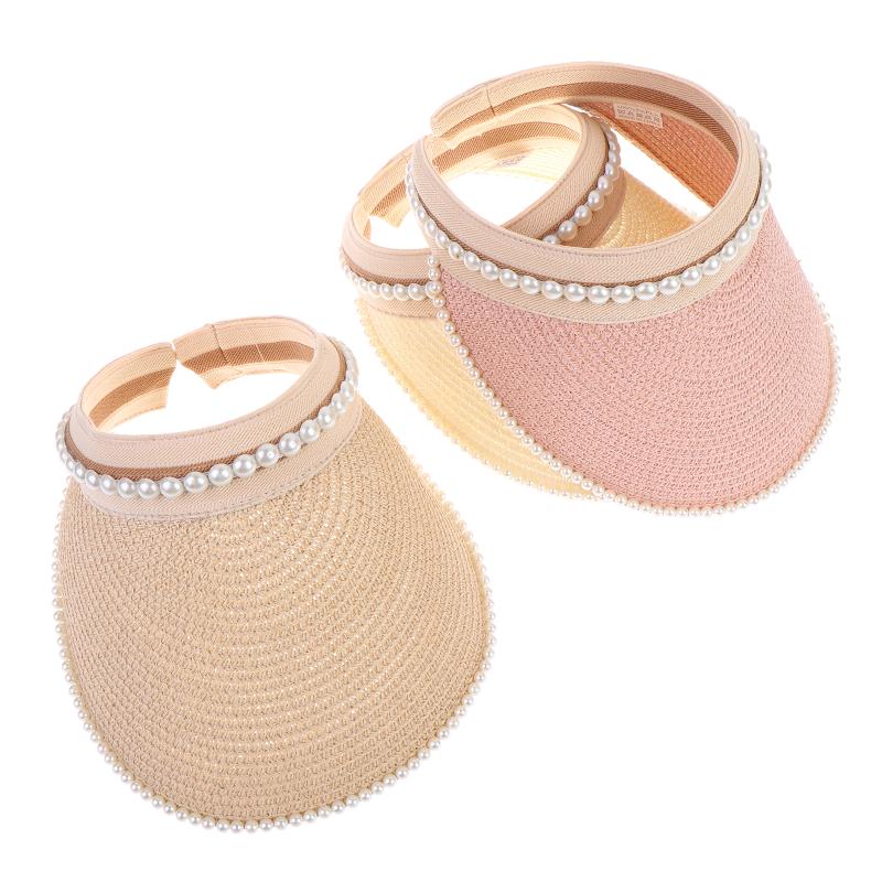 Imitation Pearl Empty Top Straw Hats For Women Casual Summer Beach Visor Caps Foldable Wide Large Brim Sun Uv Protection Caps