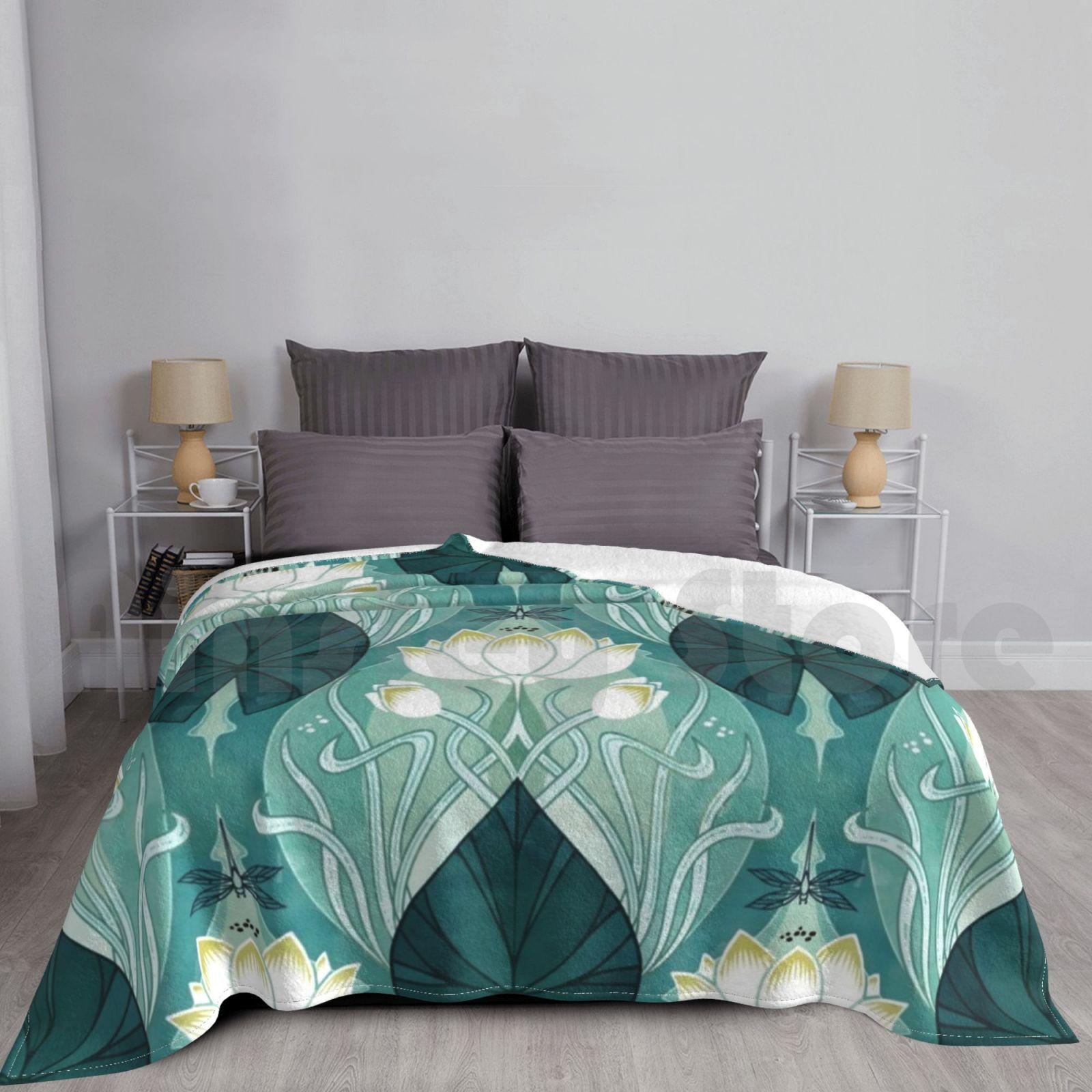 Nouveu Waterlily Blanket For Sofa Bed Travel Adenaj Art Nouveau Waterlily Lily Lily Flower Floral Green Yellow Size: 75*100cm, Weight: 230 GSM