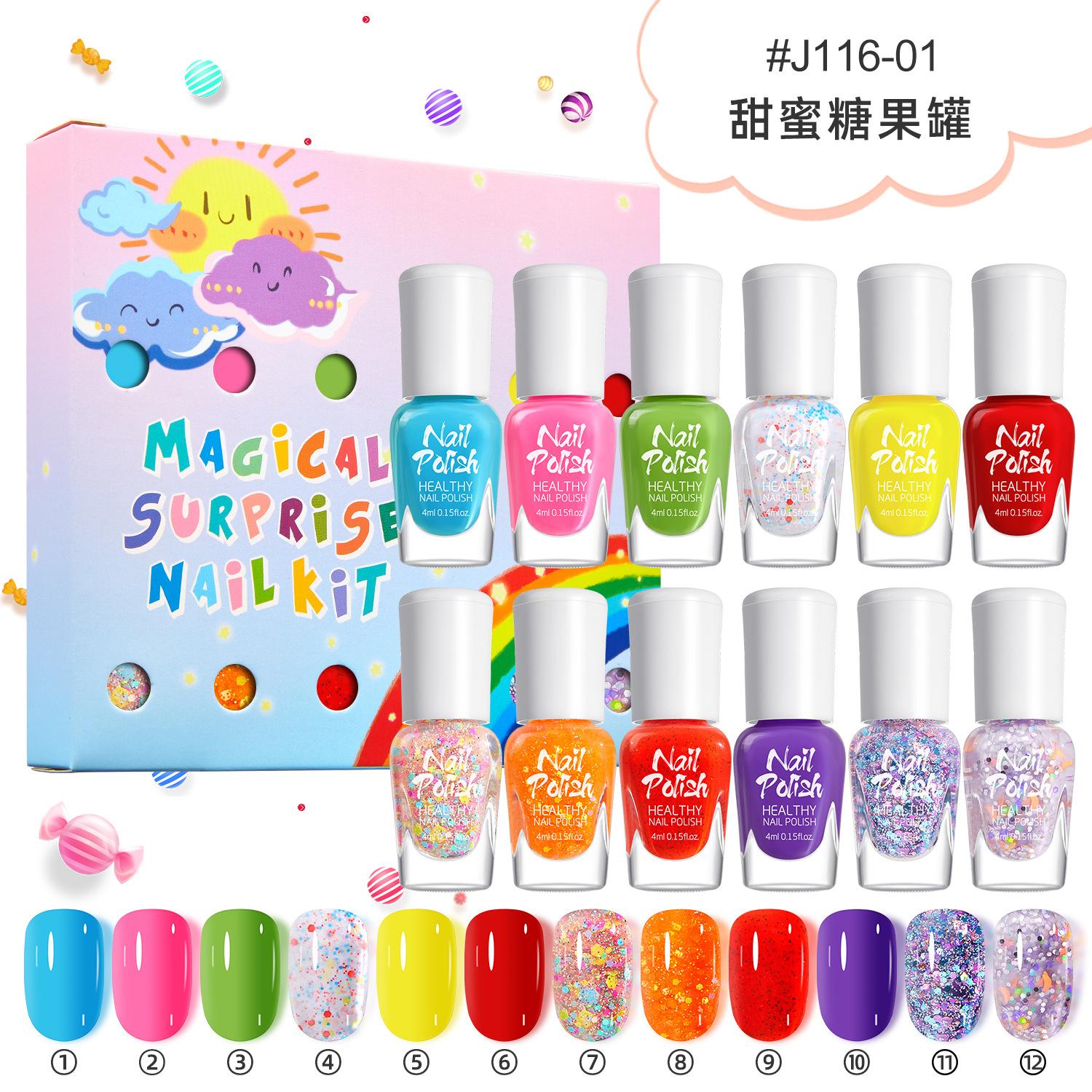 

Candy Color, экологически чистый детский набор лаков для ногтей, легко снимается, не требует выпекания, быстро сохнет, без запаха. Клей для лака с блестками. 12 Bottle Set + 3 Random Stickers