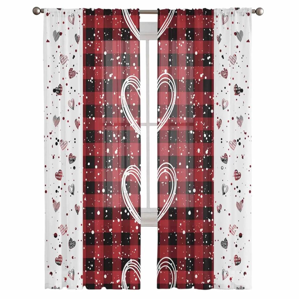 Závěsy na Valentýna Srdíčka Kostkované Průsvitné Závěsy do Obývacího Pokojového Kuchyňského Okna Ložnice Tyl Voile Závěsy