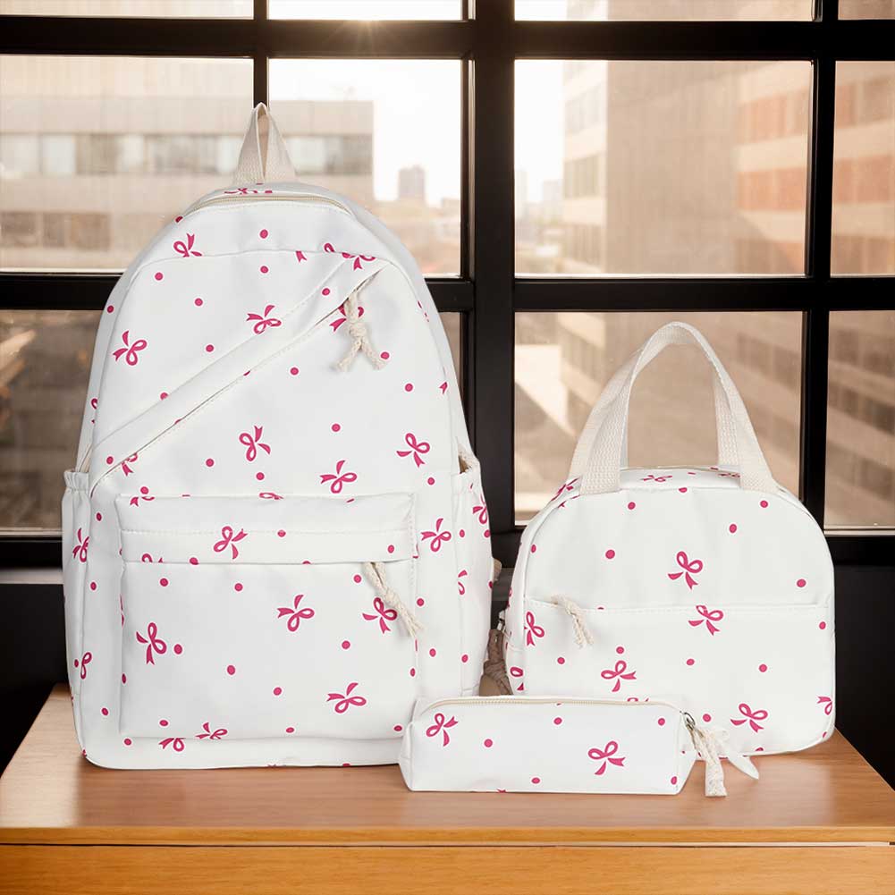 Korean Fashion Bow Print Women Backpack Simple Student Schoolbag Female Bag Set Three-Piece Backpack with Lunch Bag Pencil Case