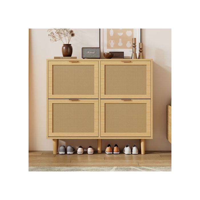 Meuble À Chaussures Avec 4 Tiroirs Rabattables, En Rotin Avec Poignées En Métal Dimensions : 100 X 25 X 90 Cm