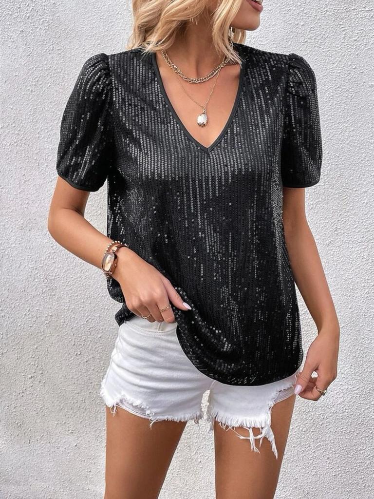 New Cross Women's Sexy Solid Color Sequins V-Neck Loose Short Sleeve T-Shirt