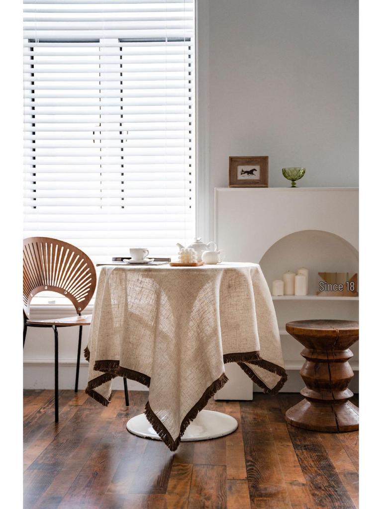 Imanqiyun Khaki Tassel Tablecloth - American Country Linen Blend Rectangular